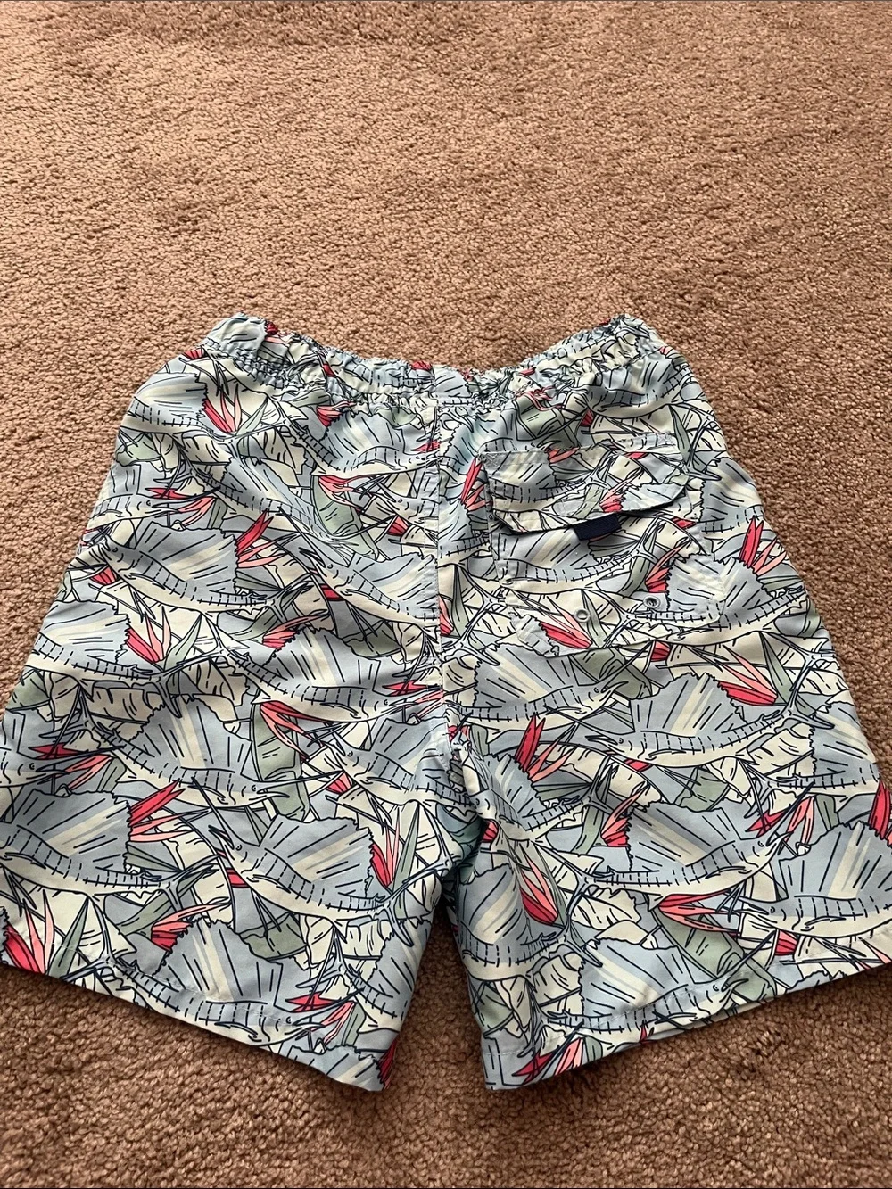 Vineyard Vines Boys Light Blue Swim Trunks with Swordfish and Coral Accents